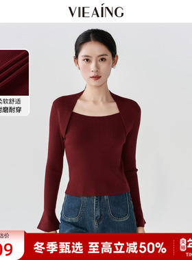 VIEA.ING薇迎商场同款红色毛衣女2025冬新款新年战袍假两件针织衫