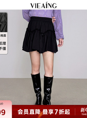 VIEA.ING薇迎春休闲俏皮木耳边黑色小个子半裙蓬蓬超短裙