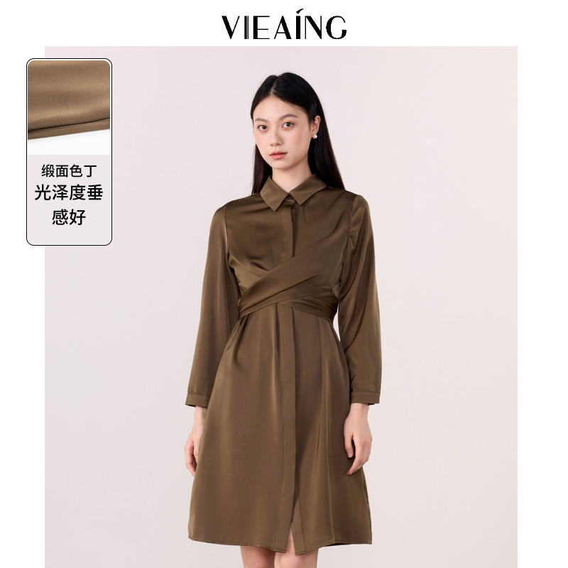 VIEA.ING薇迎秋法式缎面收腰休闲长袖连衣裙a字衬衫裙