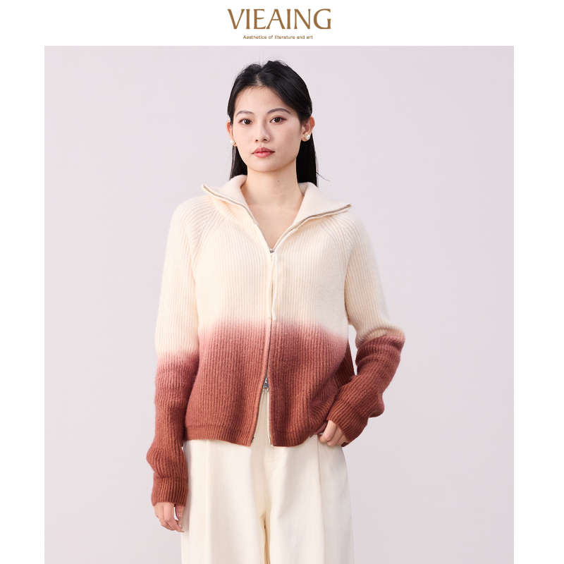 VIEA.ING薇迎针织开衫女2025冬季新款双头拉链外套渐变针织衫上衣