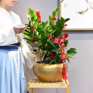 新年福桶福盆冬青银柳年宵花插花花盆花器金属金色铁艺抱抱桶花桶