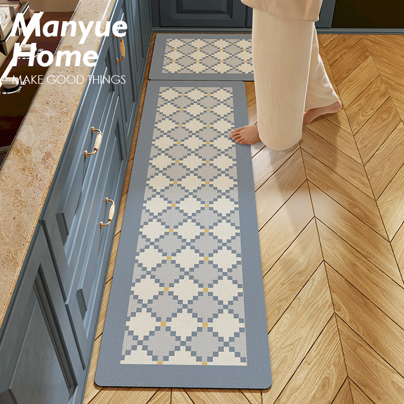 蔓越家 复古郁蓝 地垫防油防水厨房垫子简约脚垫防滑可擦洗地毯