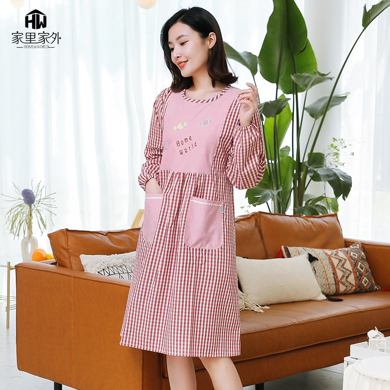 韩版家用厨房长袖棉布围裙罩衣秋冬有袖防水防油围腰反穿衣工作服