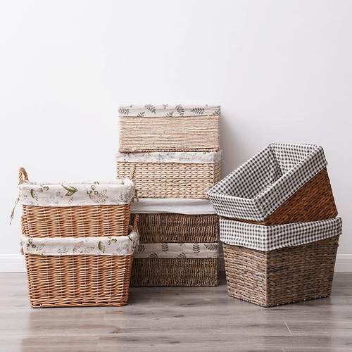 田园风草编藤编收纳筐手工编织收纳盒置物筐脏衣杂物布艺收纳篮