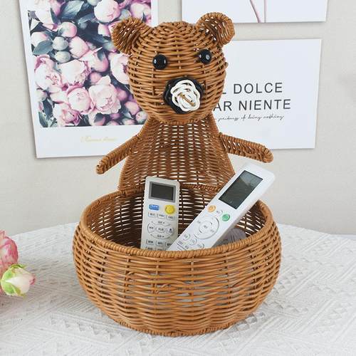 仿藤编织框点心收纳筐桌面零食水果盘创意摆件装饰熊抱抱熊储物篮