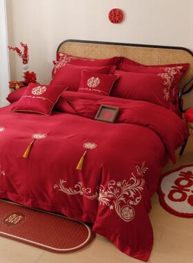 简约中式婚庆四件组全棉100S长绒棉红色喜字刺绣结婚被套床单床笠