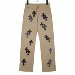 Vvviace Light Luxury European Style Chrome Hearts Washed Denim Jeans with Cross Leather Patch Personalized Design Straight-Leg Pants