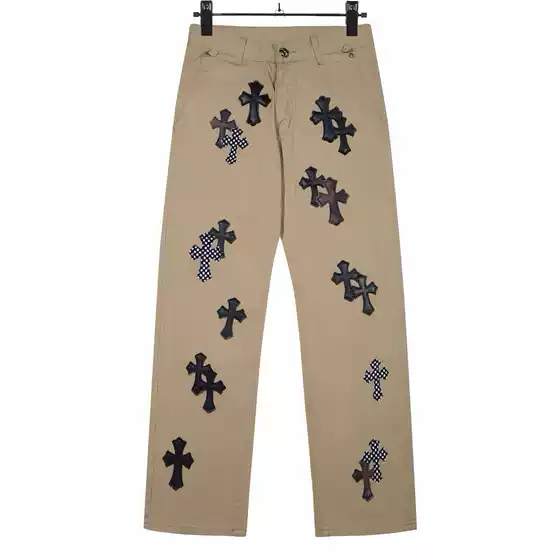 Vvviace Light Luxury European Style Chrome Hearts Washed Denim Jeans with Cross Leather Patch Personalized Design Straight-Leg Pants