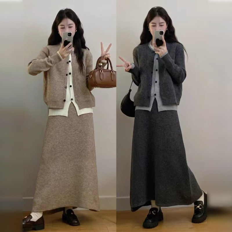 韩系巨好看穿搭针织连衣裙套装女2026早春装新款超火搭配一整套装