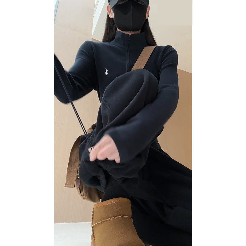 韩系纯棉立领黑色运动两件套 冲动休闲卫衣套装 女装阔腿裤