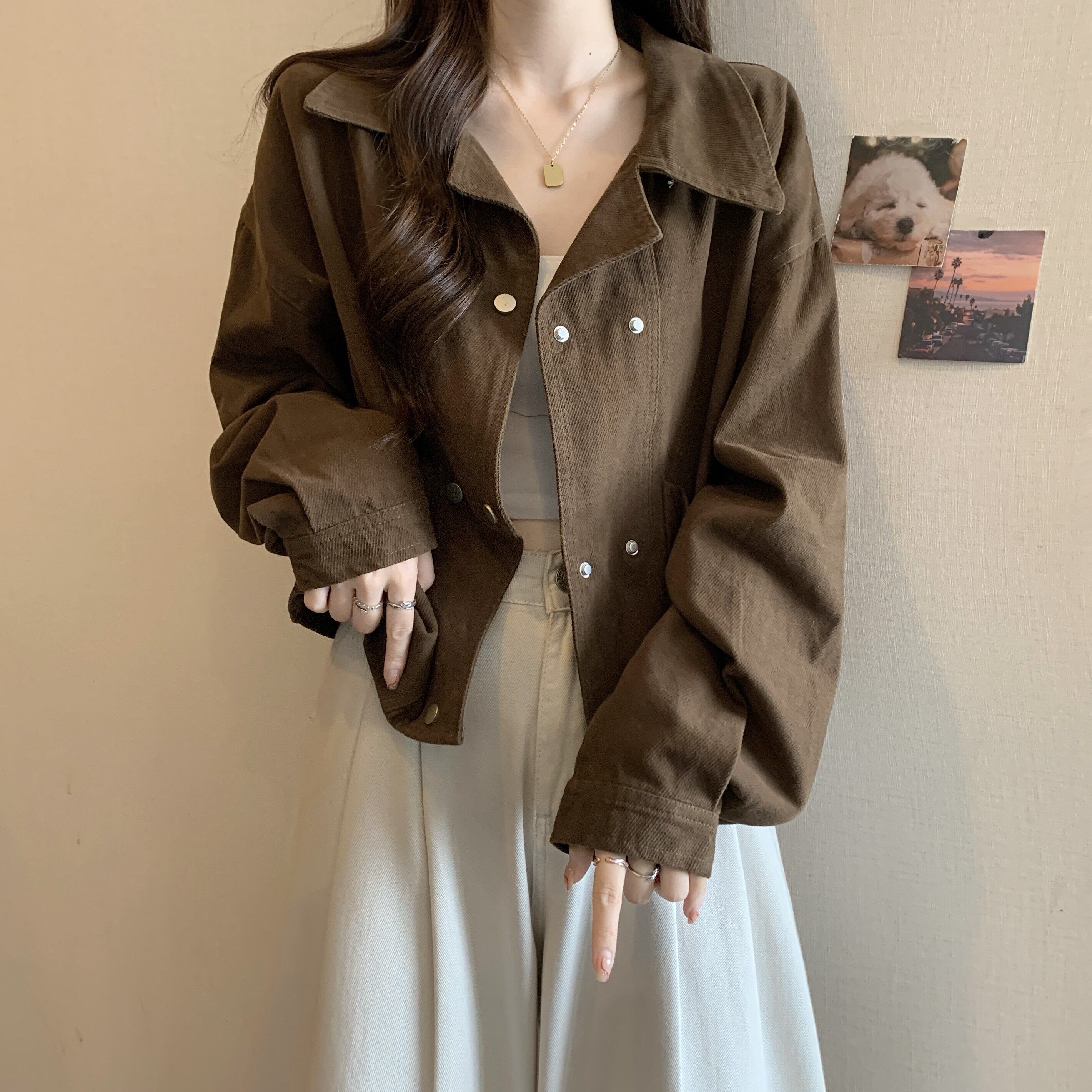 美式复古设计感短款外套女秋季大码胖mm宽松遮肉翻领百搭上衣夹克