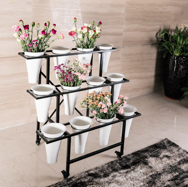 花店花架鲜花架展示架铁艺多层货架可移动带轮子塑料圆桶鲜花