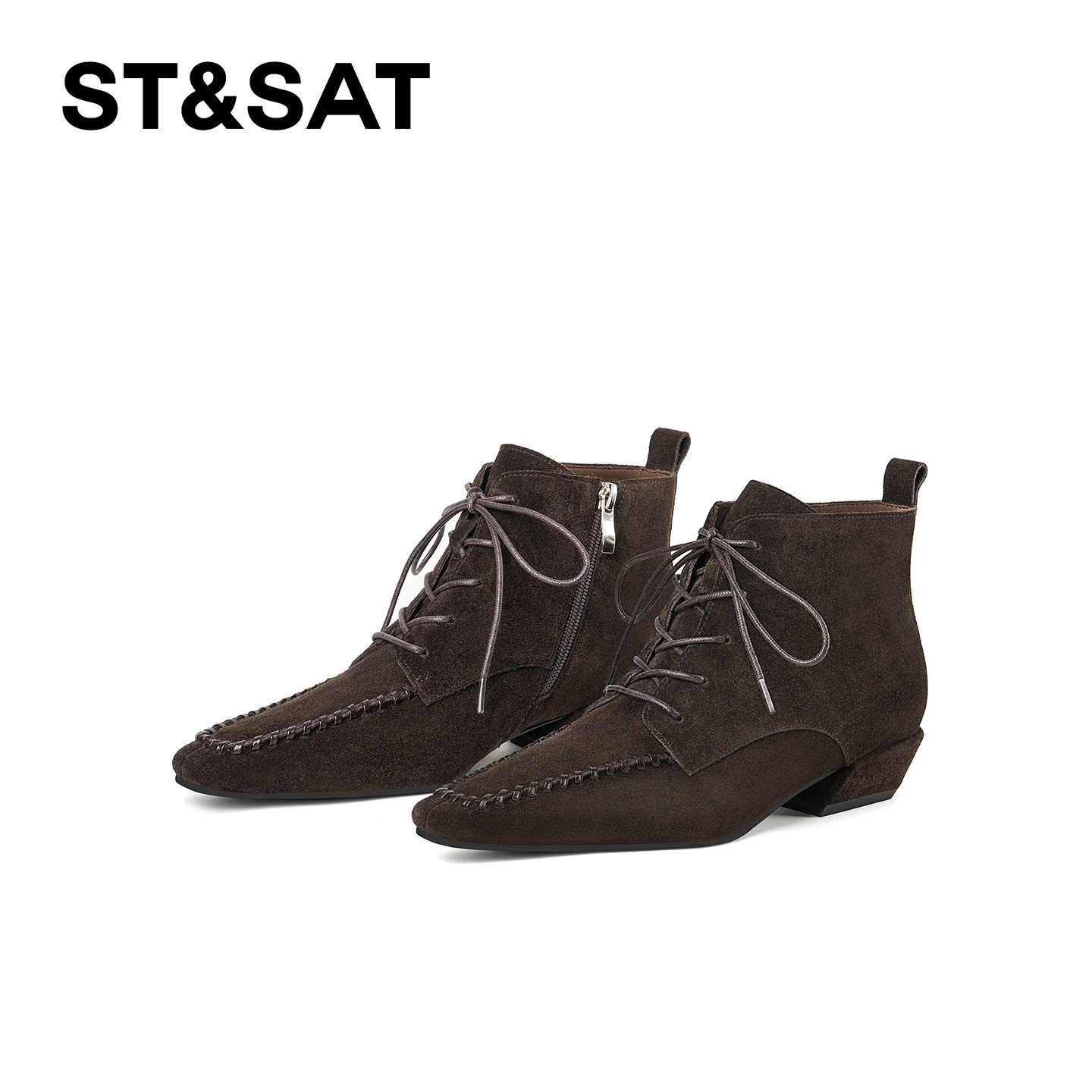 St&Sat/星期六系带方头休闲短靴气质秋冬时尚女靴粗跟英伦时装靴
