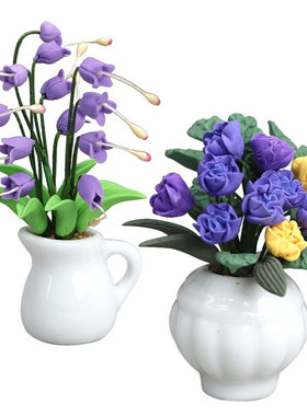 1:12娃娃屋dollhouse迷你家具微缩花园场景紫色花卉粘土花摆件