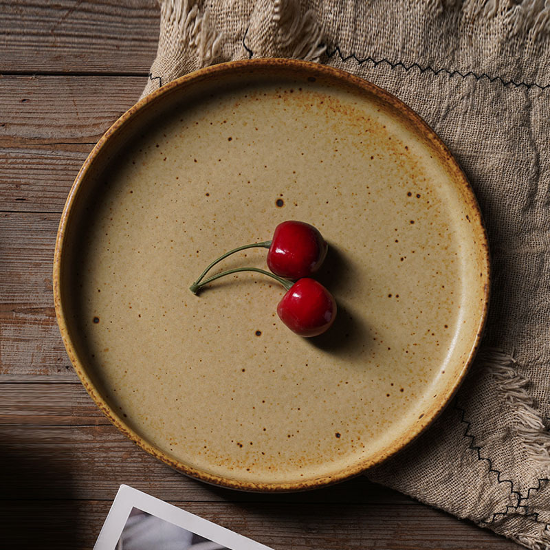 日式粗陶餐盘复古风做旧斑点网红美食黄盘子菜盘民宿酒店商用餐具