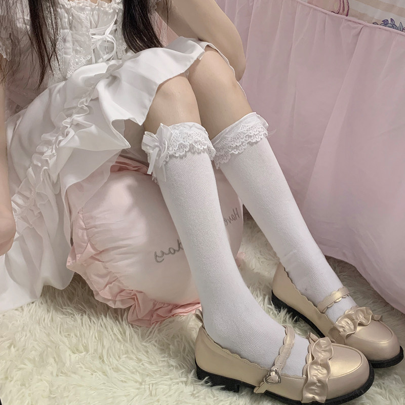 夏诺秀彩洛丽塔袜子女lo娘可爱软妹少女中筒袜夏蝴蝶结花边小腿袜