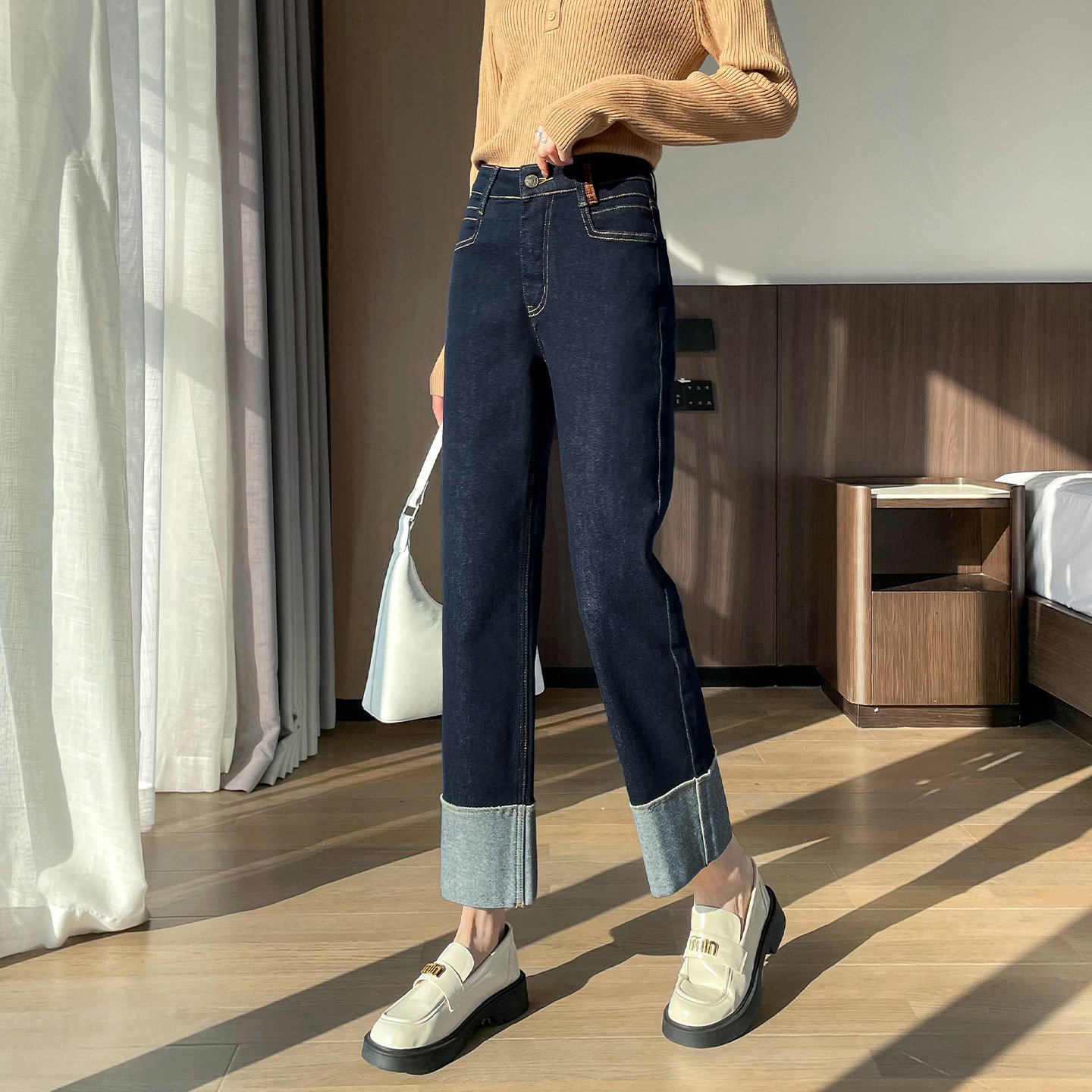 蜜糖之城高腰卷边直筒牛仔裤女2025秋季新款小个子显瘦拼接烟管裤