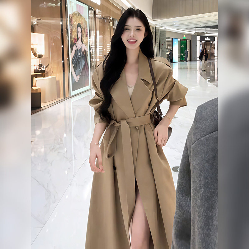 蜜糖之城卡其色风衣外套女长款2026春秋季新款收腰气质过膝大衣图片