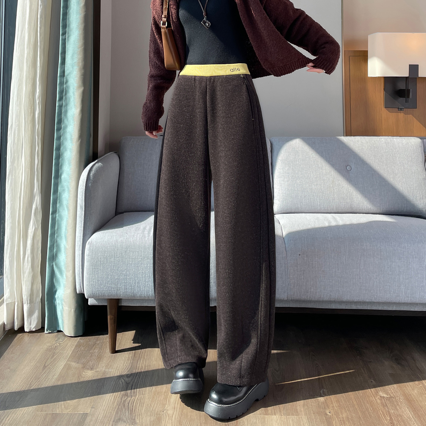 蜜糖之城毛呢弯刀裤女2025冬款高腰弹力显瘦拼接腰头镰刀休闲裤