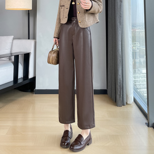 蜜糖之城加绒皮裤女秋冬季2025新款高腰显瘦小个子窄版直筒九分裤