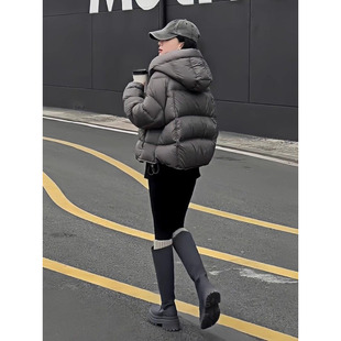 龟背羽绒服女短款2025冬季新款泡芙90白鸭绒小个子灰色面包服外套