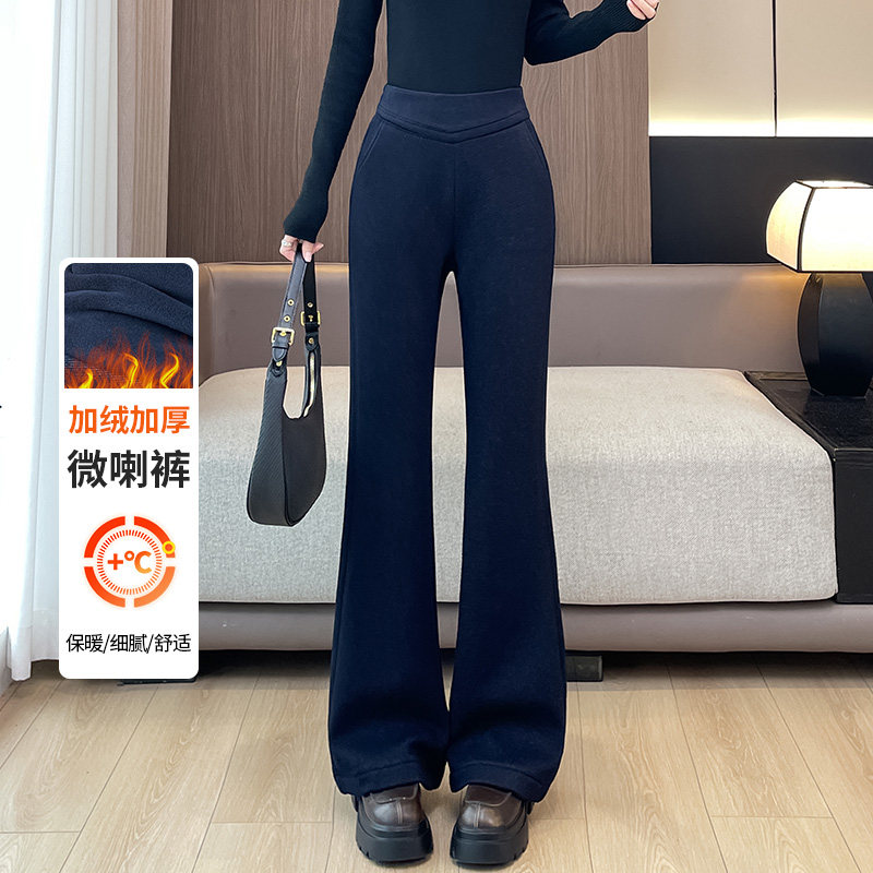 蜜糖之城仿牛仔加绒微喇裤女冬季2025新款高腰显瘦休闲喇叭棉裤子