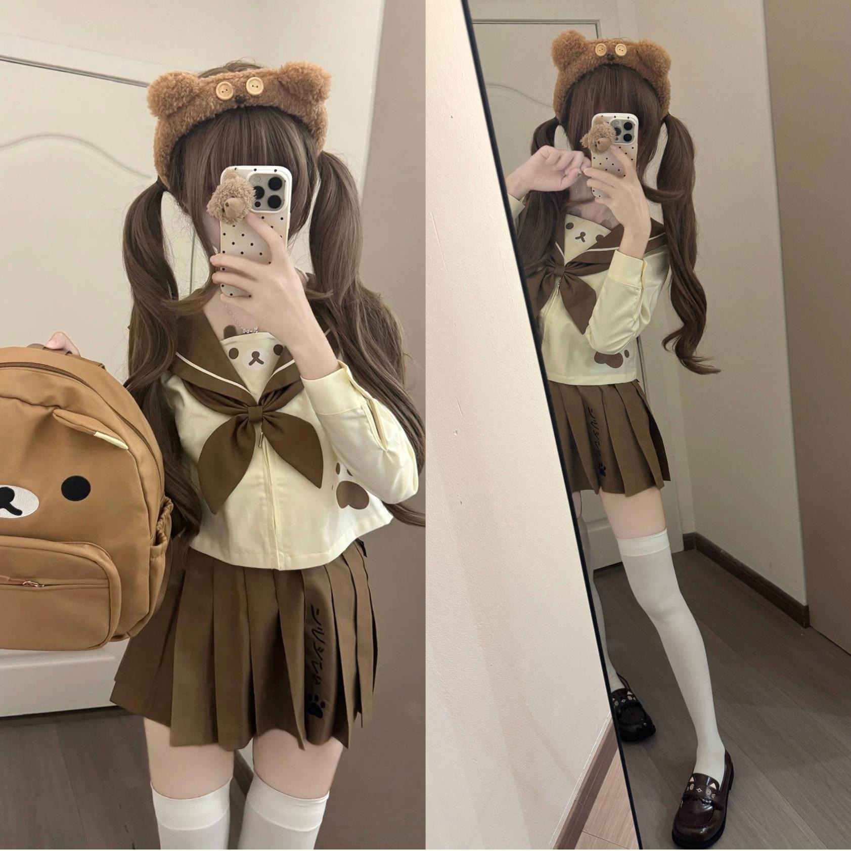 原创「轻轻棕袖  k制服水手软松熊少女款熊」色长|萌系j短服妹轻