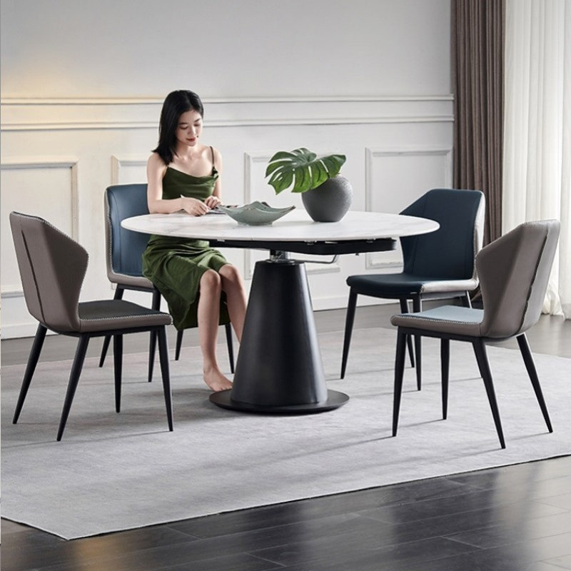 意式岩板餐桌可变圆桌圆柱形极简伸缩旋转变形折叠网红家用小户型