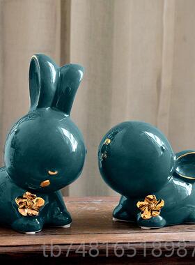 正品景德爱镇陶瓷描金兔兔件萌萌哒风送礼礼摆物北可欧风生肖兔