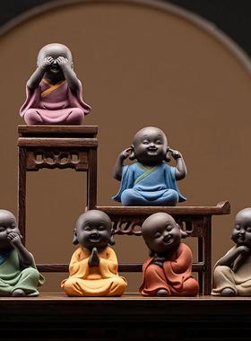 久造紫砂禅意小和尚摆件中式家居饰品纯手工小和尚摆设 客厅装饰