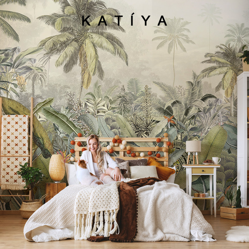 Katiya东南亚热带雨林芭蕉叶壁纸客厅沙发电视背景墙无缝壁画墙布