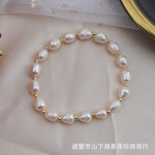 淡水珍珠弹力线手链隔珠手串14K包金米形珍珠手链小清新简约手链