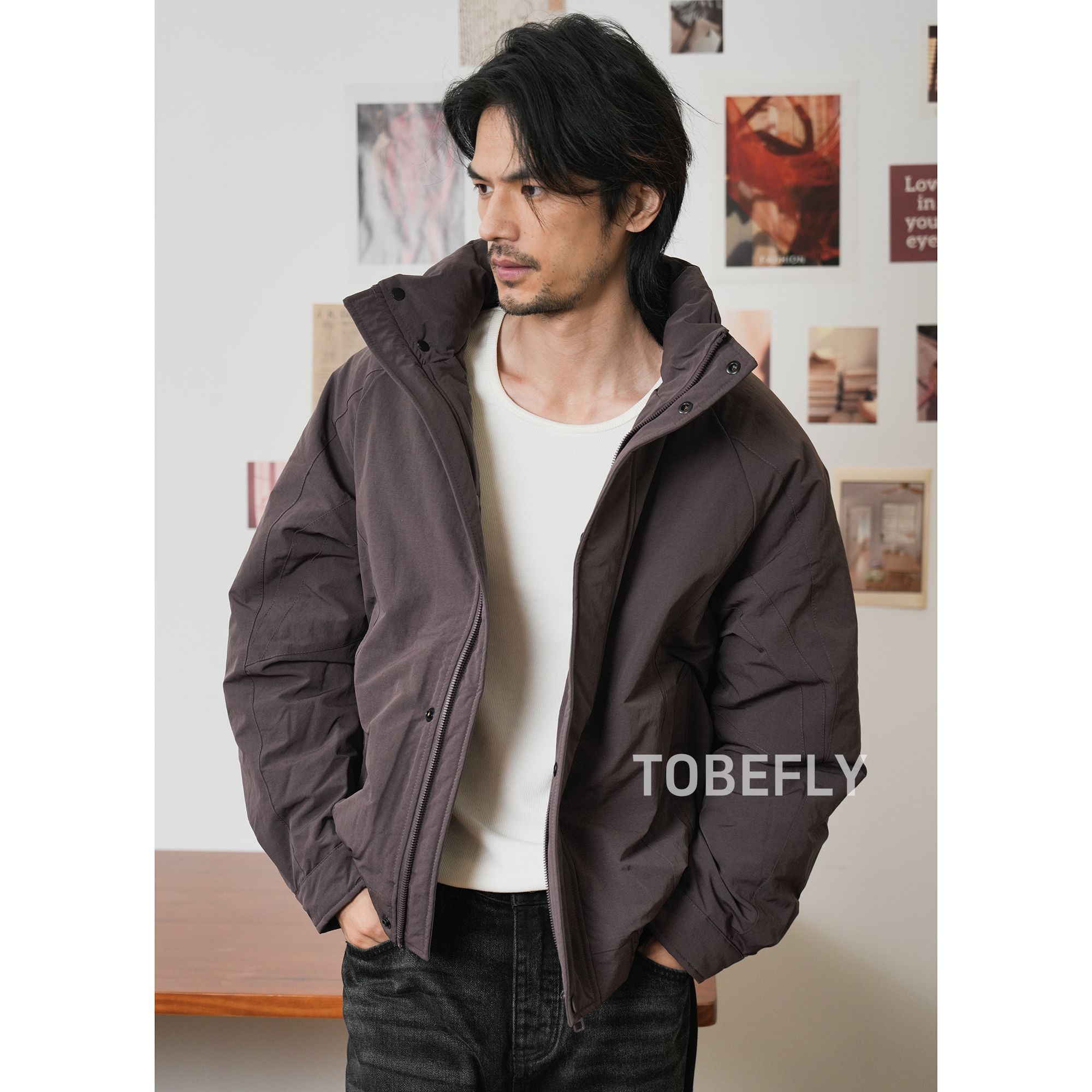 Tobefly结构拼接立领夹克羽绒服