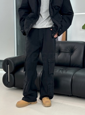 Tobefly复古工装裤男女秋冬宽松休闲直筒裤子纯棉多口袋黑灰6287