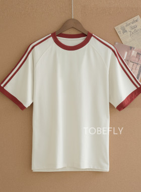 tobefly三条杠撞色小圆领T恤
