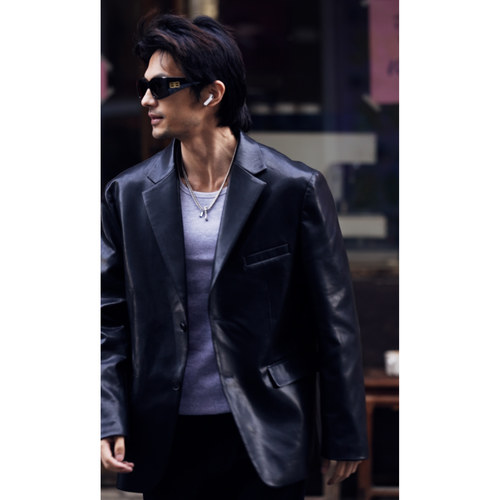 Tobefly休闲宽松PU皮衣西装外套