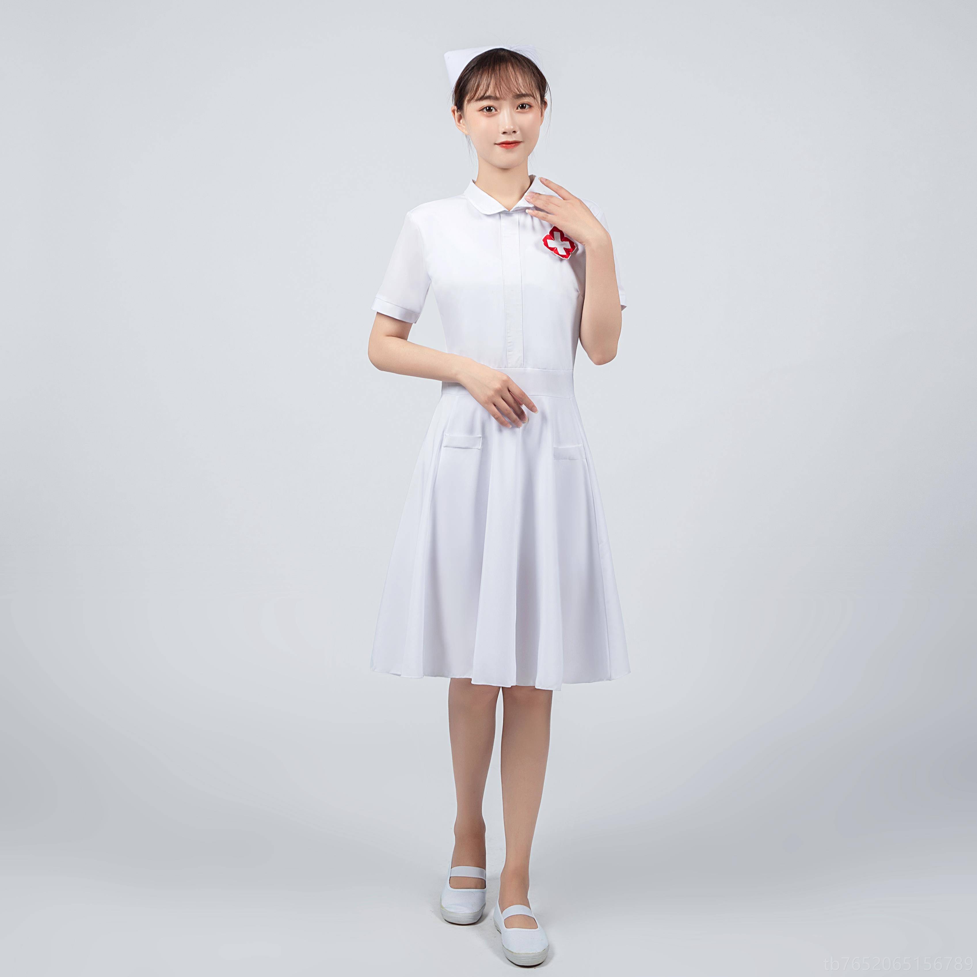 正品十医士舞蹈演表出服女短袖弹力修身连衣裙红字白衣天使护舞台图片