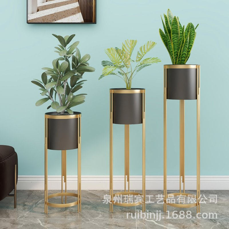 厂家供货北欧落地式花架创意客厅金色花器装饰品玄关过道花盆摆件