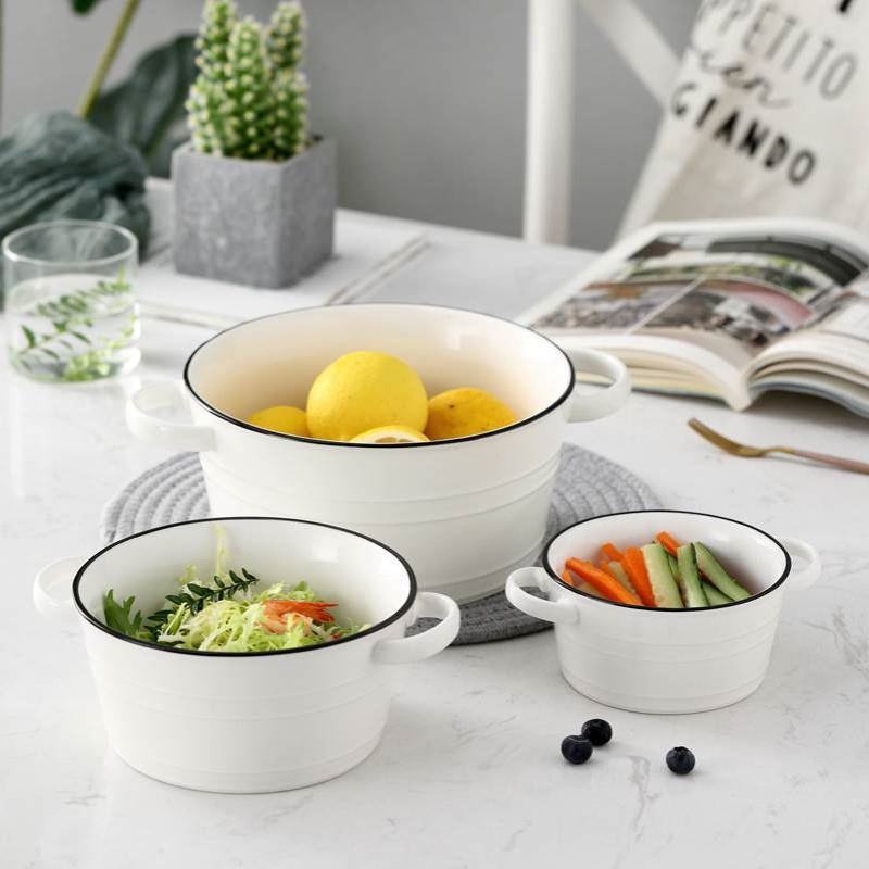 北欧手绘黑线陶瓷双耳碗大号汤碗汤盆创意沙拉碗家用面碗个性餐具