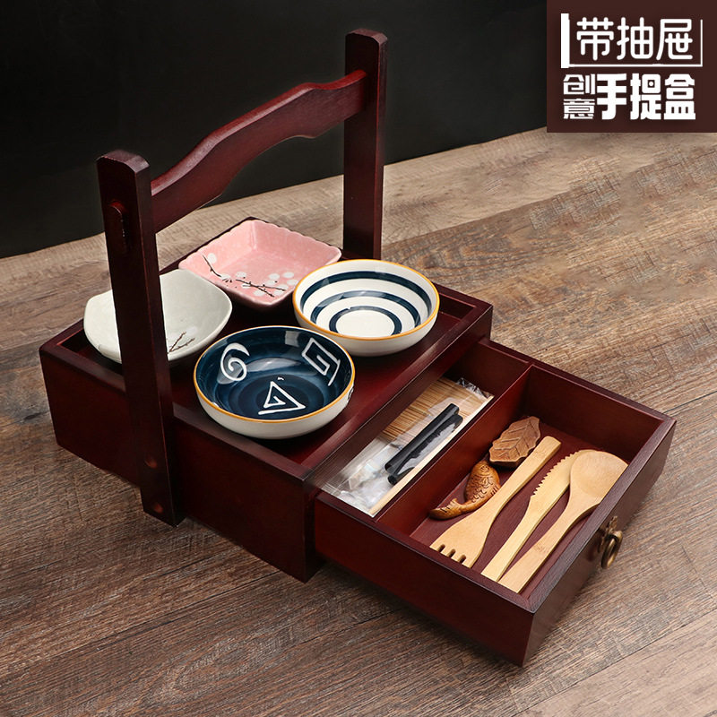 中国风新中式四方提篮餐盒带抽屉提盒子点心糕点食盒明档创意餐具