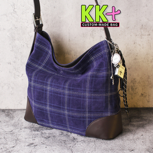 KK家新款头层牛皮格子缝线托特包HOBO包包大容量简约单肩斜挎包袋