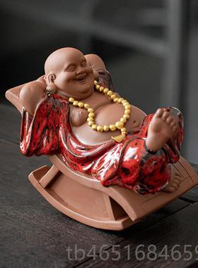 高档久造新中式摇弥勒佛茶宠摆件公桌禅意招摇财大肚笑佛办室面装