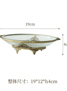 高档re水tro欧花黄式铜雕玻璃托盘复古果盘家用轻奢装饰品摆件收