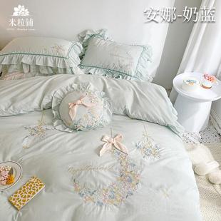 高档女心小清新少纯绣花水洗棉四件公主风100套全棉棉裸睡1.8床上