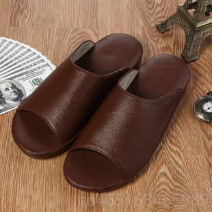 高档居家居真皮拖鞋男夏 头层木全牛皮地一板室内凉 牛筋底防滑字