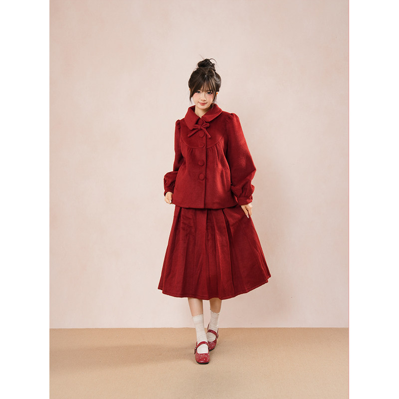 红色新年战袍甜美套装娃娃领蝴蝶结千金大小姐毛呢外套半裙两件套,女装/女士精品,时尚套装,淘宝优惠券,粉丝福利购,淘宝优惠卷