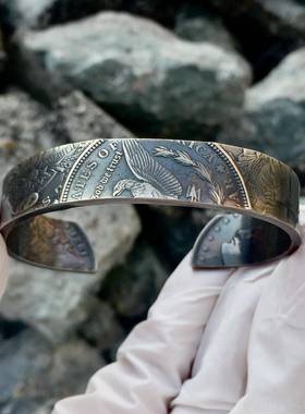 高档摩币手复古根银手男镯创工意个性欧美飞鹰女神硬币s925纯银手