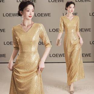 高档大合演出服女长款成黑色闪亮年会唱挥服主持人指礼仪晚礼服装