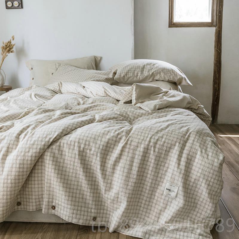 高档北格子亚麻四件套进口麻被套床单欧纯棉水洗棉麻床笠款床苎上