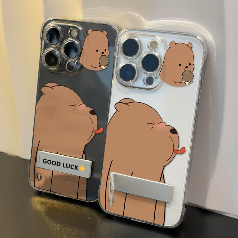 红米k80苹果16ProMax手机壳带支架iPhone14透明12适用15plus超薄吐舌棕熊ins风无边框13硬高级感荣耀300Ultra